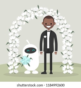 A Couple of newly weds standing behind the floral arch. Utopian concept. Bride and groom. Futuristic family. New technologies. Artificial intelligence. Human and robot. Garden ceremony.