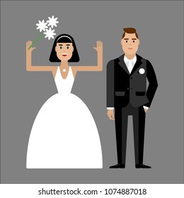 Couple of newlyweds. Bride and groom. Wedding men and women.Characters flat geometric design.
