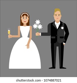Couple of newlyweds. Bride and groom. Wedding men and women.Characters flat geometric design.