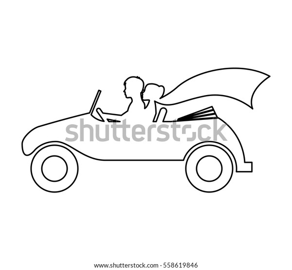 Couple of newlyweds character in car vector\
illustration design