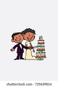 Couple of newlyweds cutting wedding cake, happy. Vector isolated characters.
