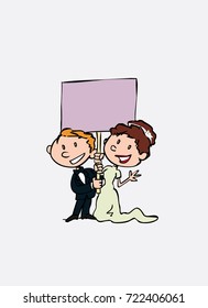 Couple of newlyweds hold a blank billboard in happy and positive attitude. Vector isolated character.

