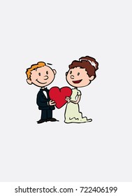 Couple of newlyweds holding a heart between them. Vector isolated characters.
