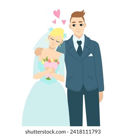 A couple of newlyweds in love - a man and a woman. Married bride and groom. Happy husband in suit and wife in wedding dress. Flat vector illustration isolated on white background