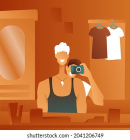A couple of newlyweds in love takes pictures of themselves in the bathroom mirror, a cute home photo shoot. A girl with a camera behind a guy's back, the concept of love.