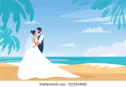 A couple of newlyweds on a tropical beach. Wedding ceremony on the coast. Bride and groom in wedding attire on their honeymoon. Flat cartoon vector illustration.