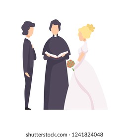 Couple of newlyweds and priest officiating wedding ceremony vector Illustration on a white background