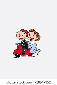 Couple of newlyweds riding a red motorcycle, happy. Vector isolated characters.
