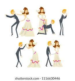 Couple of newlyweds set, henpecked man, husband dominated by wife cartoon vector Illustrations on a white background