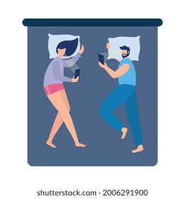 Couple at night sleepless because of smartphone and internet addiction, flat vector illustration isolated on white background. Gadgets and mobile devices addiction.