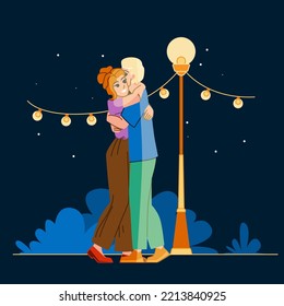 vector de pareja de noche. amor romance, mujer hombre, joven juntos, noche romántica, relación hembra, dos feliz, novio de chica pareja personaje de noche. ilustración de dibujos animados planos de personas