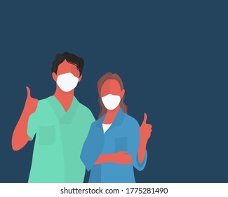 Couple Of Nurses Holding Hands And Thumbs Up. Team Work