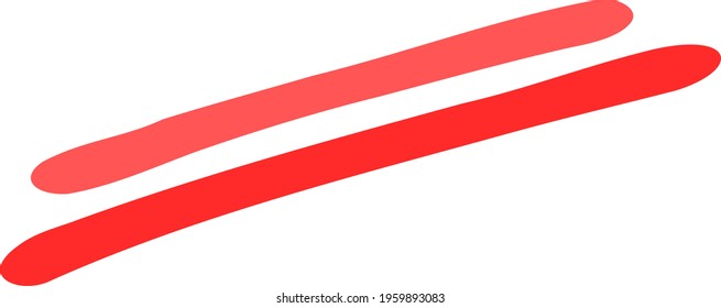 Couple of oblique parallel red lines of similar thickness, but different in length and shade. Simple graphic elements for modern design. Scarlet and pink dashes are for decorative underlining. Doodle.