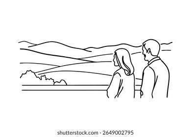 Couple observing rolling hills landscape woman