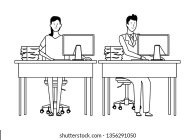 couple in a office desk black and white