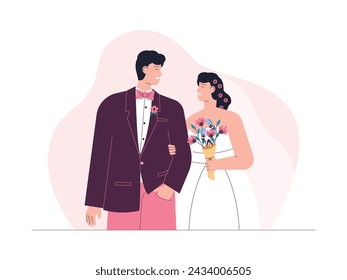 A couple officially becomes husband and wife with sacred vows, wedding vector illustration.