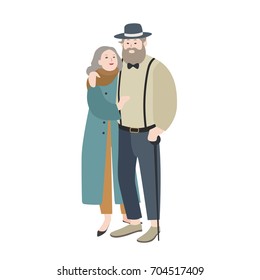 Couple of old man and woman dressed in elegant clothes warmly embracing each other. Lovely cartoon characters isolated on white background. Concept of loving family. Vector flat illustration.