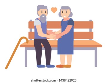 Couple of old man and woman sitting on bench watching to each other with love. Saint Valentine day or Grandparent's day illustration. Granddaddy and granny outdoor together. Flat cartoon vector
