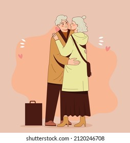 Couple of old ones. Elderly man and woman kissing. Wife accompanies her husband, meeting after trip. Strong relationship. Decoration for greeting and invitation cards. Cartoon flat vector illustration