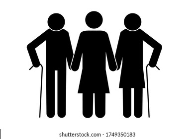 A couple of old parents with a daughter. Silhouette of family members. Vector image. Stock Photo.