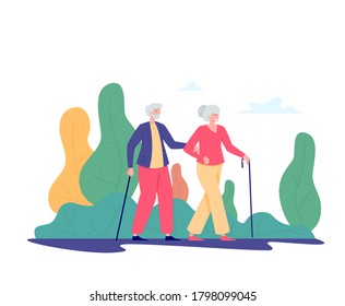 Couple old people with a cane walking outdoor. Old man and woman walking in a park. Recreation and leisure retiree activities concept. Vector illustration of elderly people, flat style.