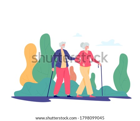 Couple old people with a cane walking outdoor. Old man and woman walking in a park. Recreation and leisure retiree activities concept. Vector illustration of elderly people, flat style.