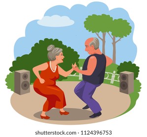 couple of old people dancing in Park. cartoon vector illustration