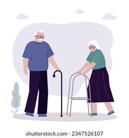 Couple of old people with help medical tools. Family relations, partnership. Elderly people are walking. Relationship, love. Retirement, grandparents together. flat vector illustration