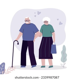 Un par de ancianos tomándose de la mano. Relaciones familiares, asociación. Los ancianos caminan. Relación, amor. Jubilación, abuelos juntos. ilustración vectorial plana