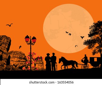 Couple of old people with horse and carriage on old west scene, vector illustration