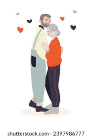 Couple of old people in love hugging. Love of all ages. Valentines Day greeting card. Festive bright postcard, congratulations, poster. Vector flat illustration.