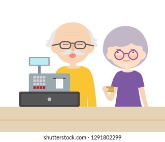 A couple of old people, man and woman paying a credit card at a cash desk - vector