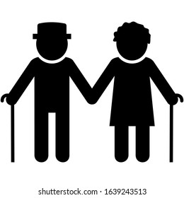 Couple of old people, man and woman with stick. Black silhouette of two person on white background.