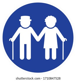 Couple Of Old People, Man And Woman With Stick. White Silhouette Of Two Pensioners On Blue Circle Background.