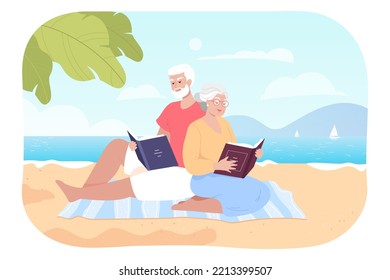 Couple of old people relaxing and reading book on beach. Mature man and woman sitting near sea flat vector illustration. Summer, retirement, relaxation concept for banner or landing web page