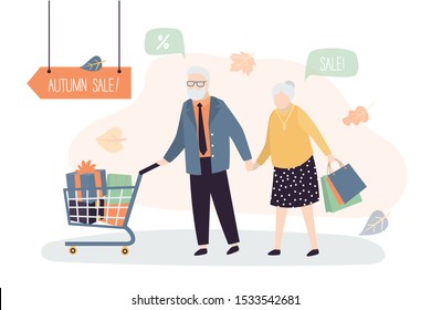 Couple of old people with shopping trolley. Grandma and grandfather goes shopping. Autumn sale and discount in store. Senior characters with gifts. Elderly consumer person. Vector illustration