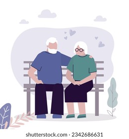 Couple of old people sitting on bench. Family relations, partnership. Elderly people outdoor. Relationship, love. Retirement, grandparents together. flat vector illustration