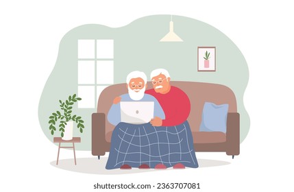 A couple of old people are sitting together on the sofa under a blanket using a laptop. Happy elderly men together. Vector flat graphics.