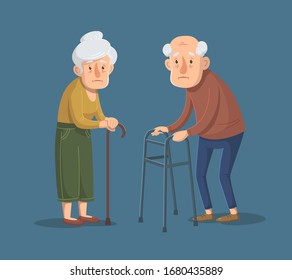 Couple of old people is standing with walking frame and stick. Vector illustration.