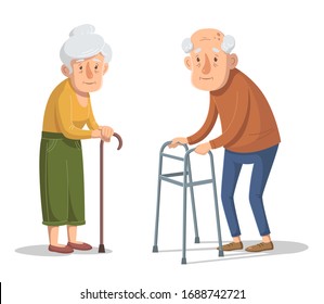 Couple of old people is standing with walking frame and stick. Vector illustration.