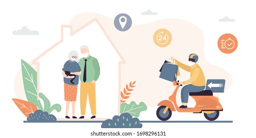 Pareja de ancianos se quedan en casa. Ayuda para personas mayores durante la cuarentena. Abuelos en autoaislamiento. Entrega de los hombres que traen compras, comestibles a los mayores.Entrega rápida. Courier en bicicleta. Vector plano