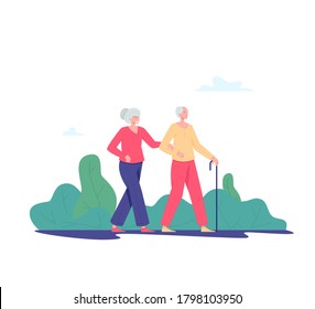 Couple old people walking outdoor. Old man and woman walking in a park. Recreation and leisure retiree activities concept. Vector illustration of elderly people, flat style.
