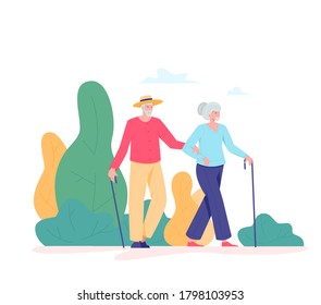 Couple Old People Walking Outdoor. Old Man And Woman With A Cane Walking In A Park. Recreation And Leisure Retiree Activities Concept. Vector Illustration Of Elderly People, Flat Style.