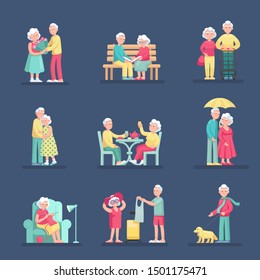 Couple old senior man and woman in different situations set. Grey haired couple old people together cartoon vector isolated on light background.