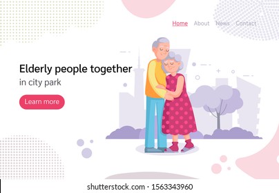 Couple old senior man woman stand with love hugging each other. Grey-haired elderly people together in the city park. Lovers grandmother and grandfather cartoon vector isolated