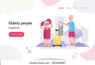 Couple old senior man woman going on a trip, packing their bags. Grey-haired elderly people together in city park cartoon vector illustration