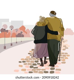 Couple old senior man and woman on the walk.Elderly grandmother with grandfather walk in the park hugging.Vector color illustration in a modern style