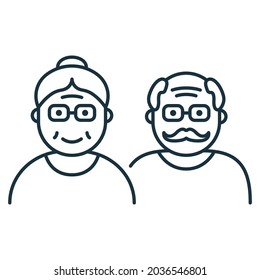 Couple of Old Senior Person Line Icon. Happy Elder Grandparents Linear Pictogram. Old Grandfather and Grandmother Outline Icon. Retirement Concept. Editable Stroke. Isolated Vector Illustration.