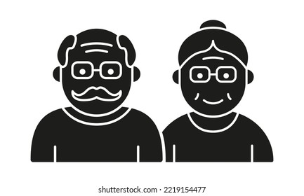 Couple of Old Senior Person Silhouette Icon. Happy Elder Grandparents Pictogram. Old Grandfather and Grandmother Icon. Retirement Concept. Isolated Vector Illustration.