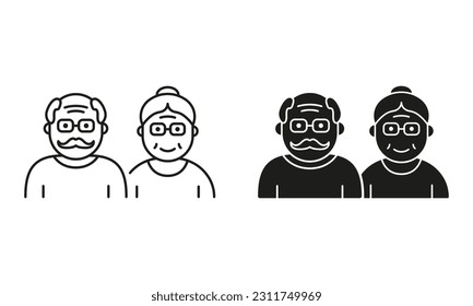 Pareja de Silhouette de persona mayor y Line Icon Set negro. Pictograma feliz de los abuelos mayores. Colección de símbolos del abuelo y la abuela sobre fondo blanco. Ilustración de vectores aislados.